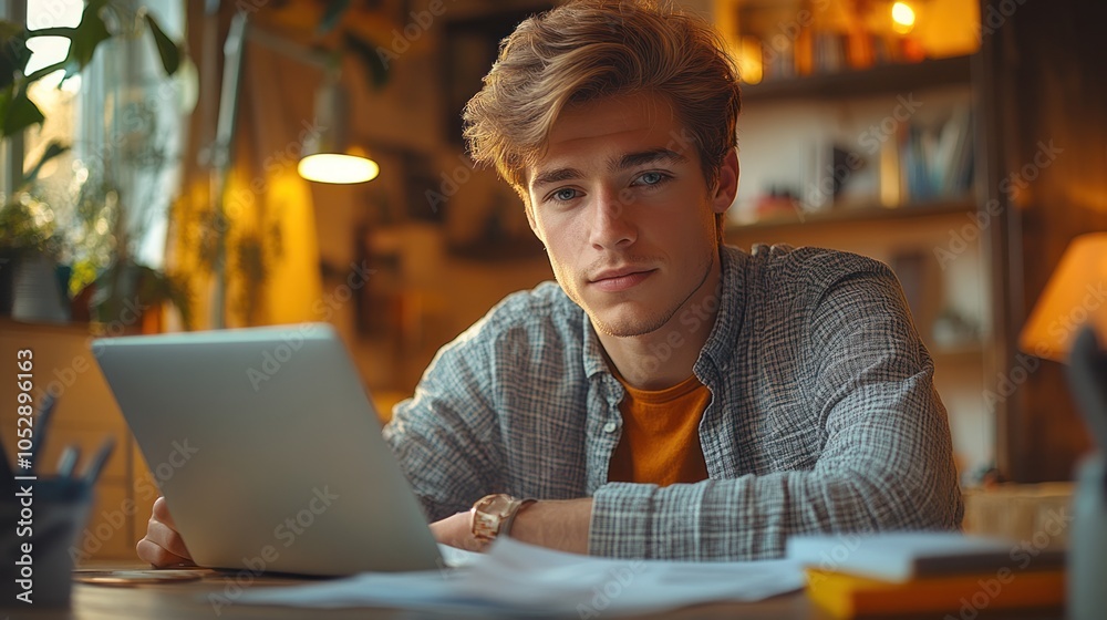 Young Man Working on Laptop in a Cozy Home Office