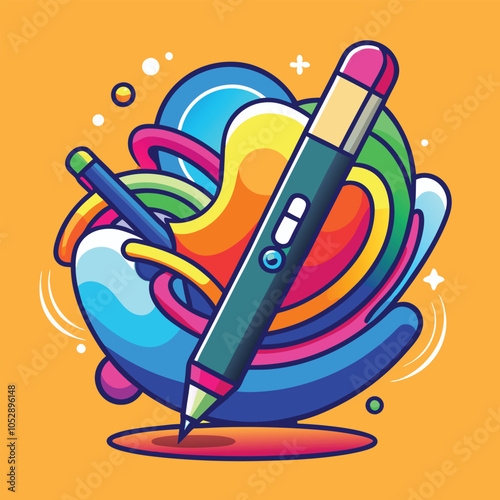 A colorful digital pen with a pink eraser on top, surrounded by bright abstract shapes in a rainbow of colors.