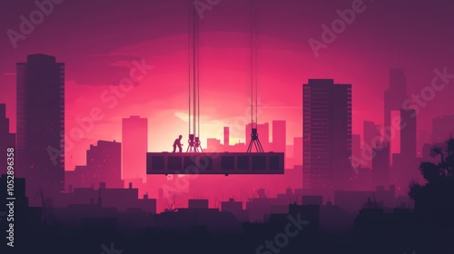 Silhouetted Workers Against Sunset City Skyline