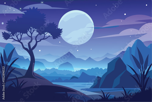 moonlit landscape with tree silhouette