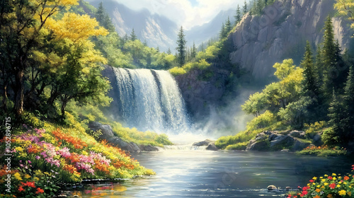 A picturesque scene of a waterfall flowing into a calm river, framed by vibrant green trees and colorful wildflowers on the banks 