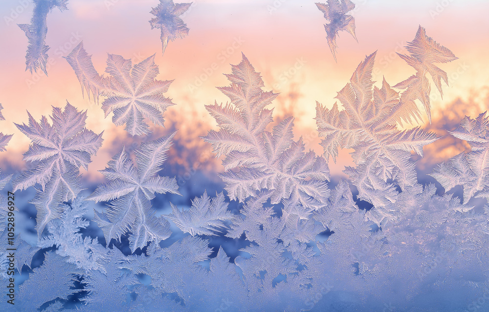 A close-up of delicate frost patterns on the window, creating intricate ice designs that catch and refract light, evoking an ethereal atmosphere