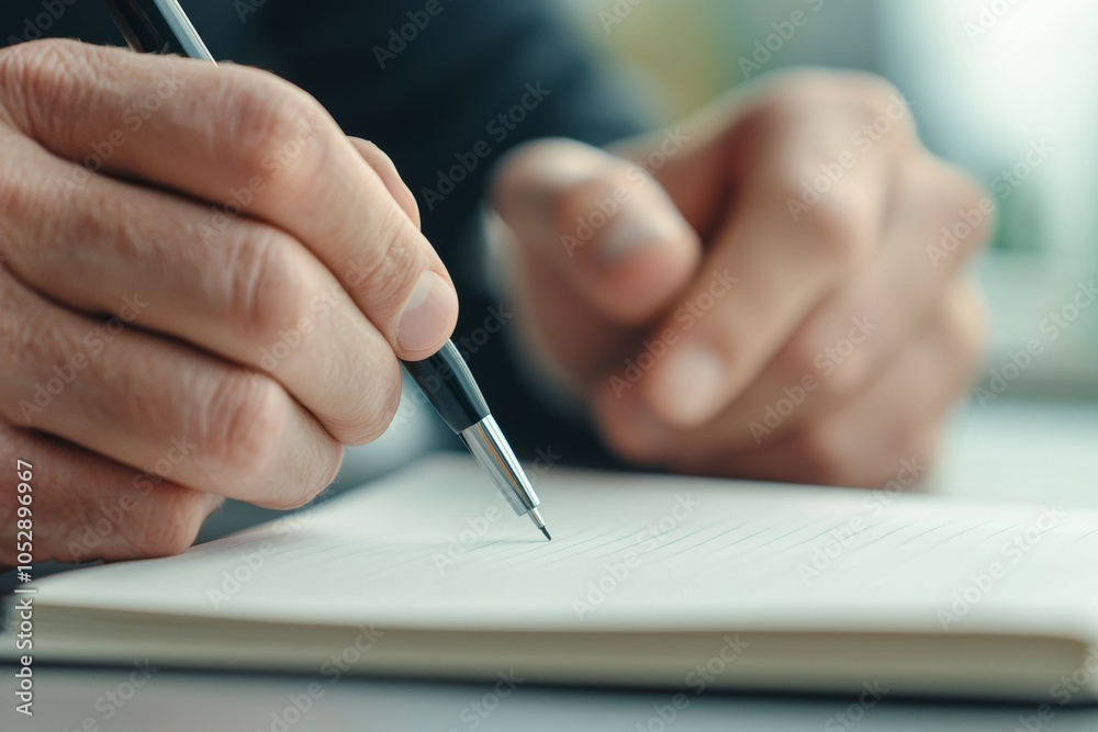 A man is writing in a notebook with a pen A man is writing in a notebook with a pen