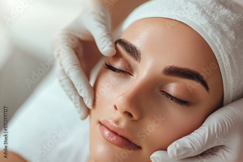 Woman receiving facial injection at a spa clinic, with a focused expression.