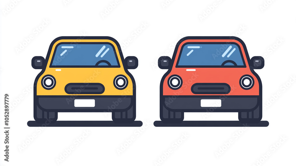 Fototapeta premium Two cartoon cars parked side by side, one yellow and one red, in a simplified design style