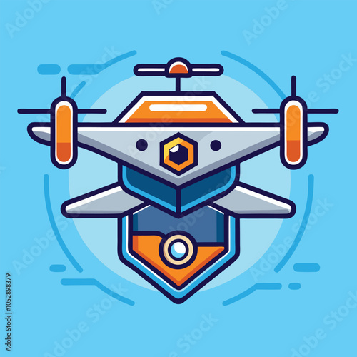 A futuristic drone with a blue, gray, and orange color scheme hovering in the air.