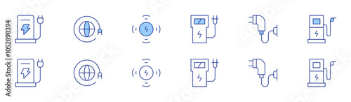 Charging icon set in two styles, Duotone and Thin Line style. Editable stroke. charging station, global, wireless charging, electric charge