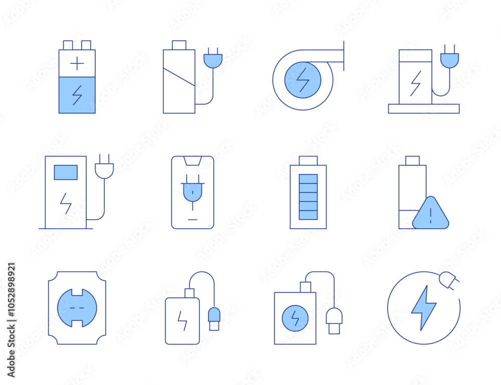 Charging icons. Line Duotone style, editable stroke. power bank, electric station, power generation, power, charging, battery level, socket Charging icons. Line Duotone style, editable stroke. power bank, electric station, power generation, power, charging, battery level, socket