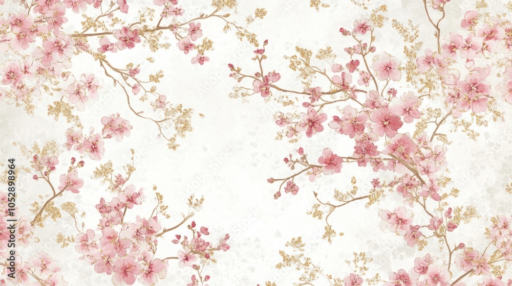 Elegant Japanese-inspired background with soft pink floral patterns and gold accents, symbolizing beauty, isolated on white Elegant Japanese-inspired background with soft pink floral patterns and gold accents, symbolizing beauty, isolated on white