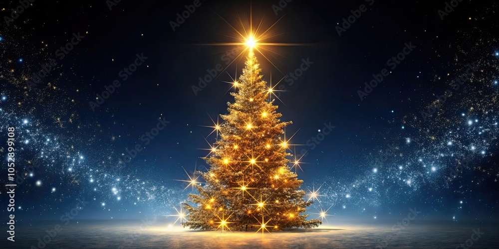 Sparkling Christmas tree shining brightly in the dark night , holiday, festive, celebration, decoration, lights, ornaments Sparkling Christmas tree shining brightly in the dark night , holiday, festive, celebration, decoration, lights, ornaments