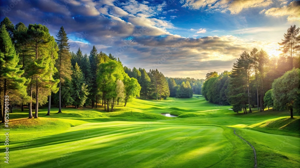 Obraz premium Lush green grass and dense woods on a picturesque golf course , golf, field, outdoor, nature, landscape, scenic, beautiful
