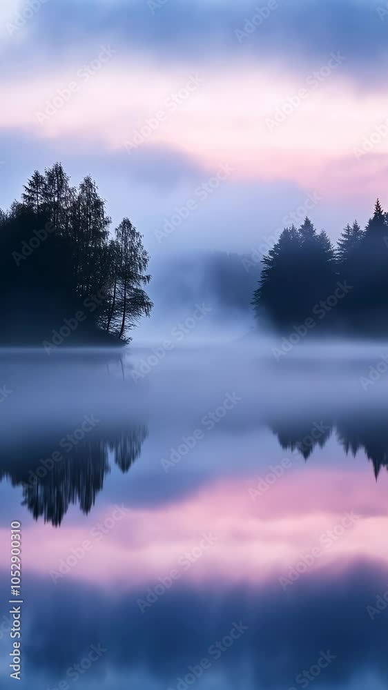 Misty lake at sunrise with reflections of trees, tranquil atmosphere. Nature and serenity concept Misty lake at sunrise with reflections of trees, tranquil atmosphere. Nature and serenity concept