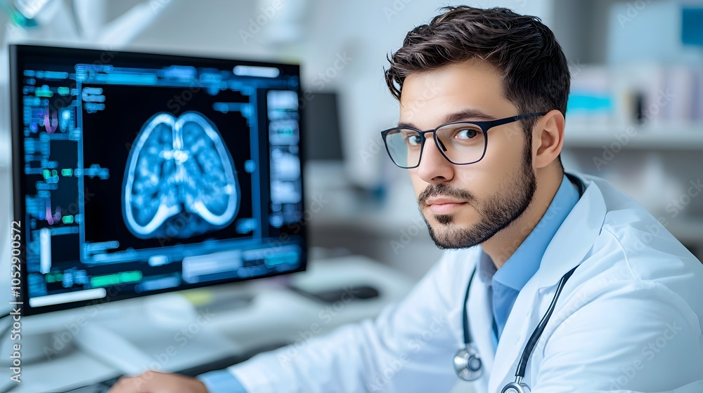 Medical Radiologist or X Ray Technician Operating Advanced Digital Scanning Equipment and Monitoring Diagnostic Results on Computer Display in Flat Design