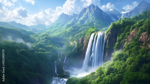 A breathtaking view of a majestic waterfall cascading down rocky cliffs, surrounded by lush green forests under a bright blue sky 