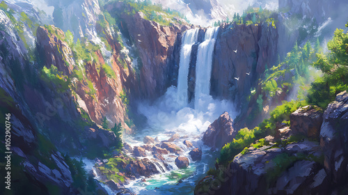 A dramatic view of a waterfall thundering down a cliffside, surrounded by rocky terrain and vibrant greenery, evoking a sense of power 