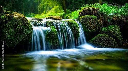 A picturesque waterfall gently cascading over moss-covered rocks in a tranquil forest setting, creating a peaceful atmosphere 