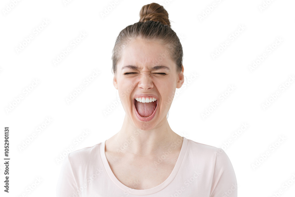 Expressive young woman screaming with eyes closed, showing a powerful emotional outburst Expressive young woman screaming with eyes closed, showing a powerful emotional outburst