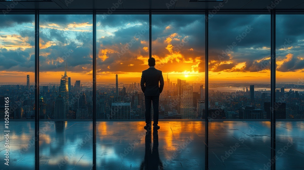 Businessman silhouetted against a cityscape and sunset through a large window. Businessman silhouetted against a cityscape and sunset through a large window.