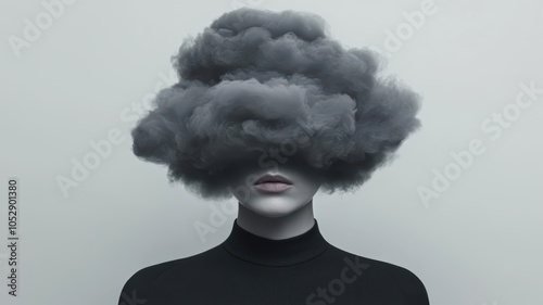 Figure beneath a dark cloud of societal stress, radiating tension and exhaustion, toxic society  stress, mental strain representation photo