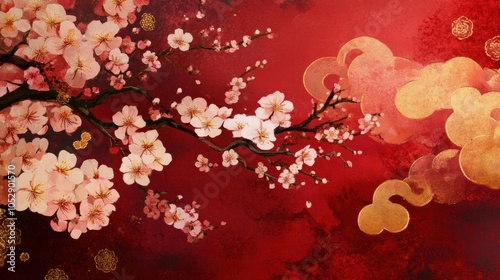 Japanese traditional background with cherry blossoms and golden clouds on deep red, evoking serenity, isolated on white