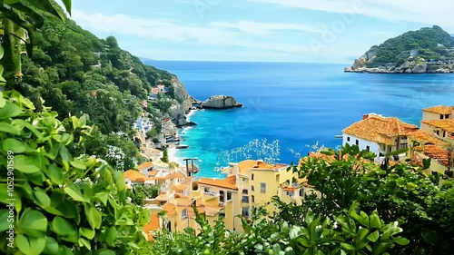 picturesque view colorful houses dotting coastline Tyrrhenian Sea framed lush green flora Positano aly beautifully captured UHD 4K resolution amalfi coast campania beautiful nature blue beach photo