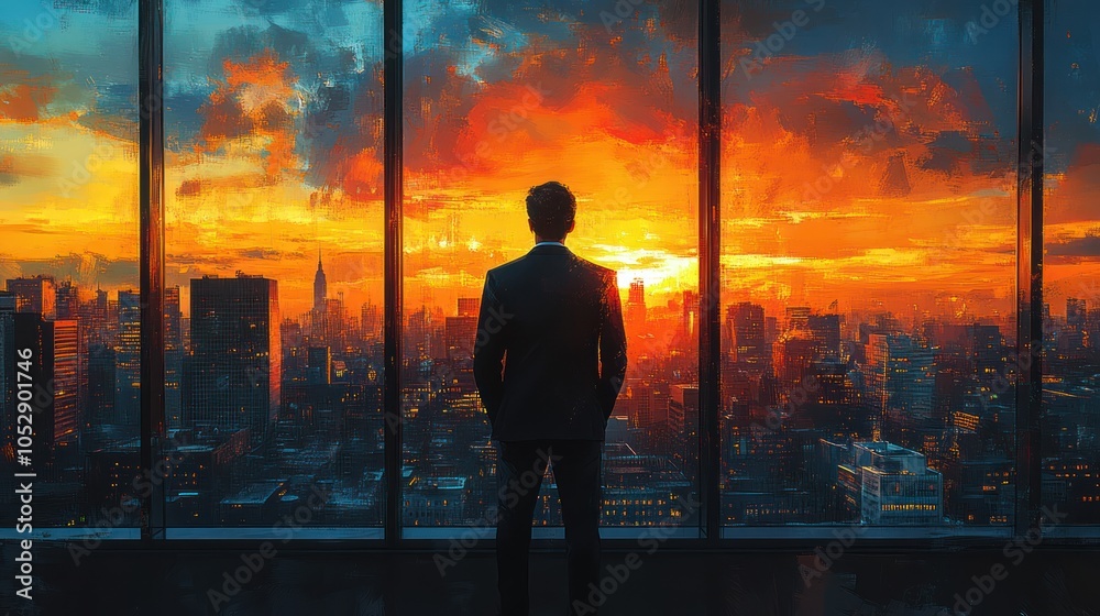 Silhouette of a Man Looking Out a Window at a City Skyline with an Orange Sunset Silhouette of a Man Looking Out a Window at a City Skyline with an Orange Sunset