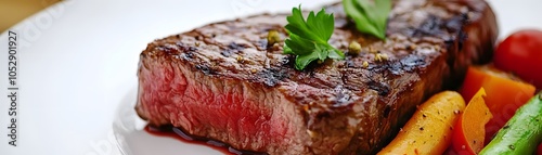 Close-up of a Seared Steak with Parsley, Carrots, Peppers, and Green Beans