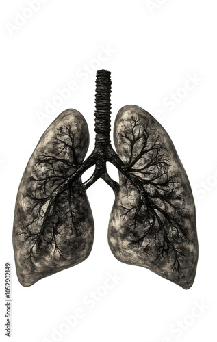 A visual representation of black lungs in three stages: unhealthy, damaged , and polluted black, illustrating the effects of air quality on respiratory health with removed background

