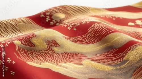 Japanese-inspired design featuring gold wave motifs and red fabric, creating a rich, cultural vibe, isolated on white