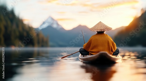 A lone fisherman wearing traditional attire sits in a small boat with a fishing pole, enveloped by tranquil waters at sunset against a mountainous backdrop. photo