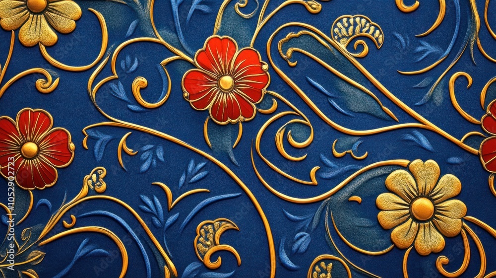 Fototapeta premium Korean abstract background with vibrant dancheong patterns and gold accents on a deep blue background, isolated on white