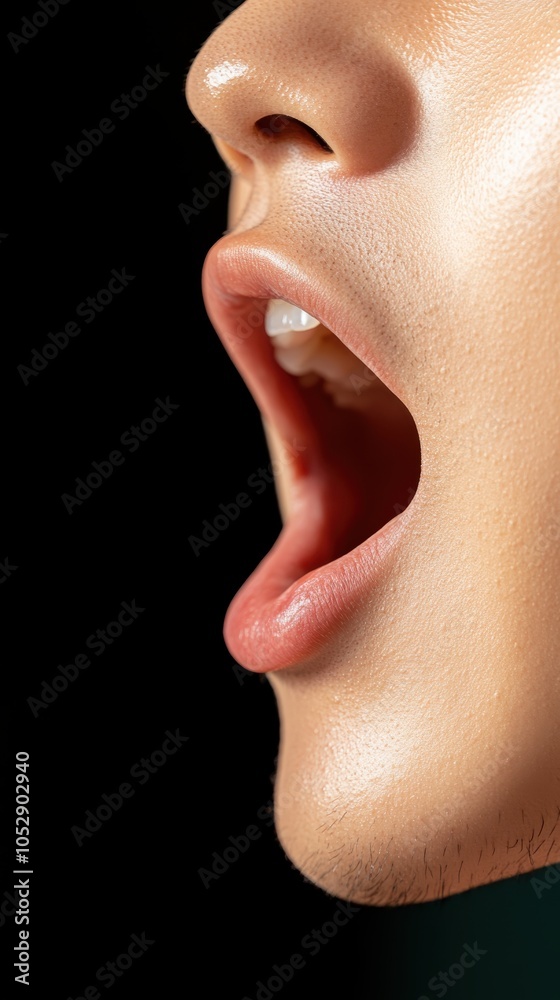 The image portrays a detailed closeup of an open mouth against a plain dark background, highlighting the intricate features of the lips and skin texture and light reflection. The image portrays a detailed closeup of an open mouth against a plain dark background, highlighting the intricate features of the lips and skin texture and light reflection.