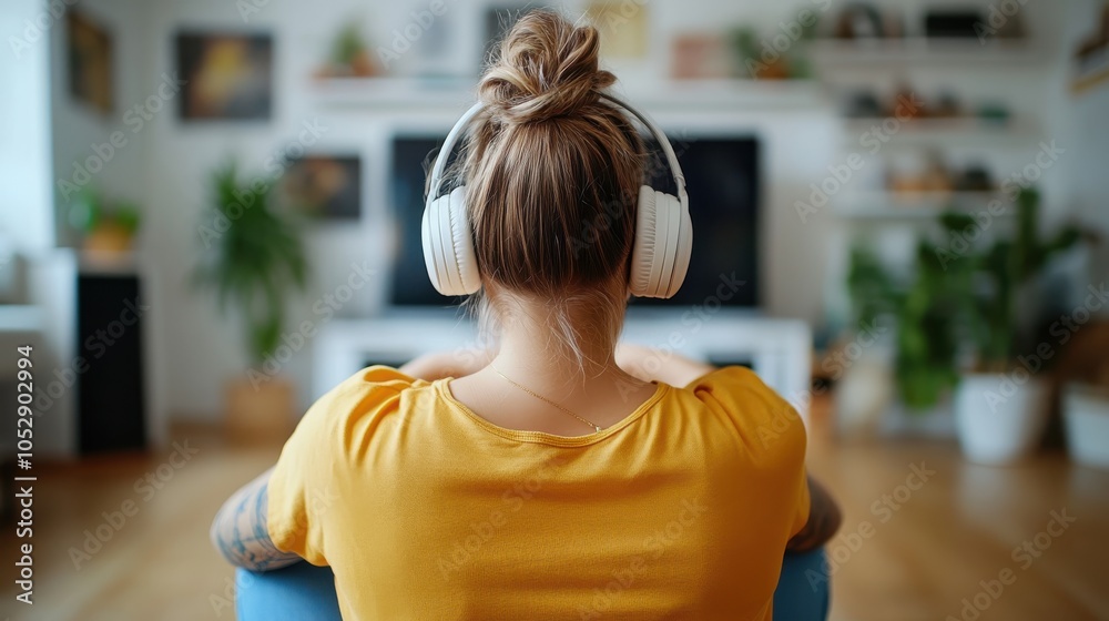 A relaxed woman with a bun hairstyle, wearing white headphones, listens to music on a sofa in a cozy, plant-filled living room environment. A relaxed woman with a bun hairstyle, wearing white headphones, listens to music on a sofa in a cozy, plant-filled living room environment.