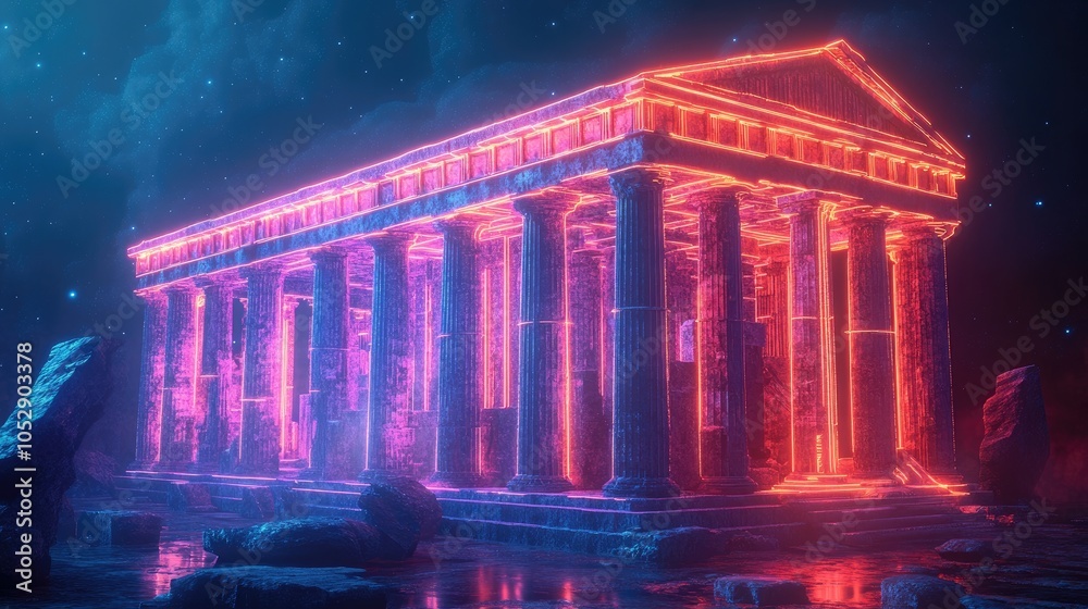Obraz premium A glowing ancient temple with neon pink and orange light, in a starry night sky.