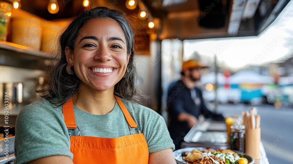 A cheerful street vendor wearing an apron stands in front of her food truck, ready to serve delicious meals, with a hint of bustling market behind her. A cheerful street vendor wearing an apron stands in front of her food truck, ready to serve delicious meals, with a hint of bustling market behind her.