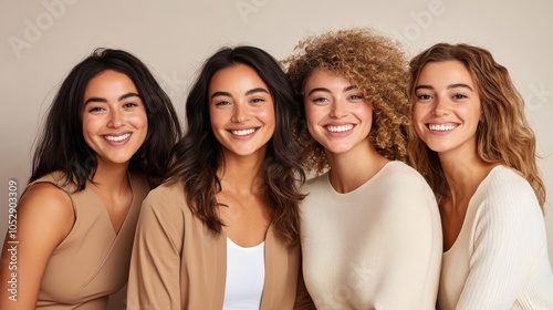 This image captures four diverse women smiling joyfully in neutral attire, emphasizing diversity, unity, and warmth in a harmonious and simplistic environment.