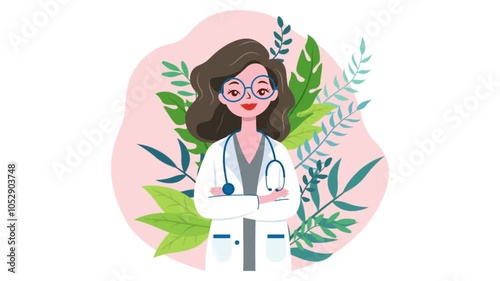 Footage of Friendly Female Doctor Character with Leaves Plants