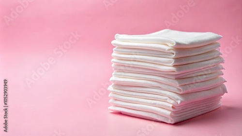 Stacked sanitary napkin pads on pink background , feminine hygiene, menstruation photo