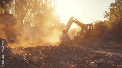 Excavator Working at Sunrise on Construction Site photo