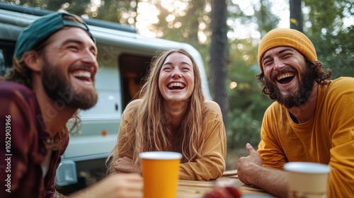 Three friends are captured in a moment of joyful laughter at a campsite. The setting in the forest reflects happiness and companionship in nature. photo