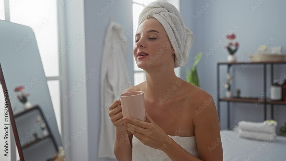 Woman relaxing in a spa room with a towel wrapped around her head, enjoying a cup of tea, surrounded by serene decor and soft lighting in a wellness center Woman relaxing in a spa room with a towel wrapped around her head, enjoying a cup of tea, surrounded by serene decor and soft lighting in a wellness center