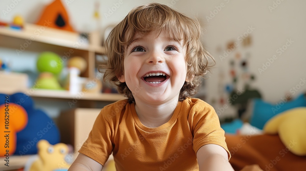 A laughing toddler wearing an orange shirt enjoys a lively playroom filled with colorful toys and decorations, epitomizing the essence of joyful childhood excitement. A laughing toddler wearing an orange shirt enjoys a lively playroom filled with colorful toys and decorations, epitomizing the essence of joyful childhood excitement.