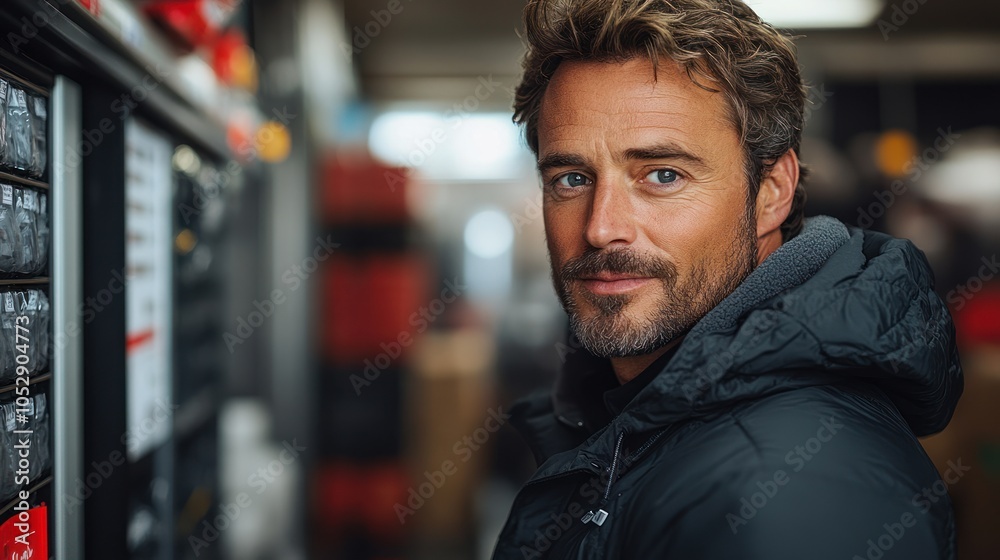 Man in Black Jacket Looking Over Shoulder in a Store Man in Black Jacket Looking Over Shoulder in a Store