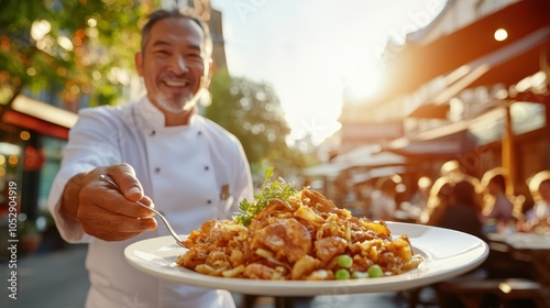 A street chef offers a vibrant and appetizing dish to customers in a bustling outdoor setting, emphasizing the joy of sharing delicious food in a lively atmosphere. photo