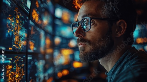 A Man with Glasses Looking at a Computer Screen with Data and Code Displayed