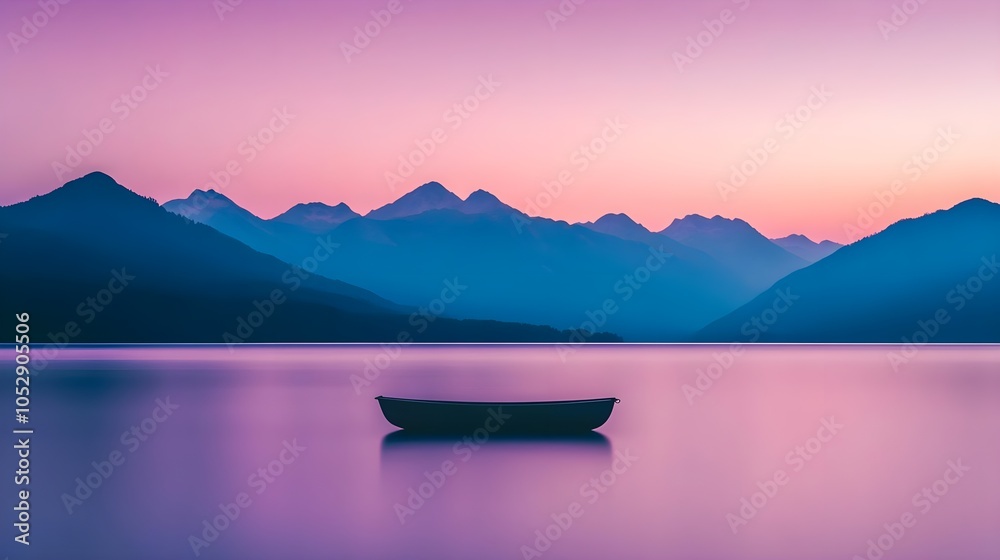 Obraz premium Boat on Still Lake at Sunset
