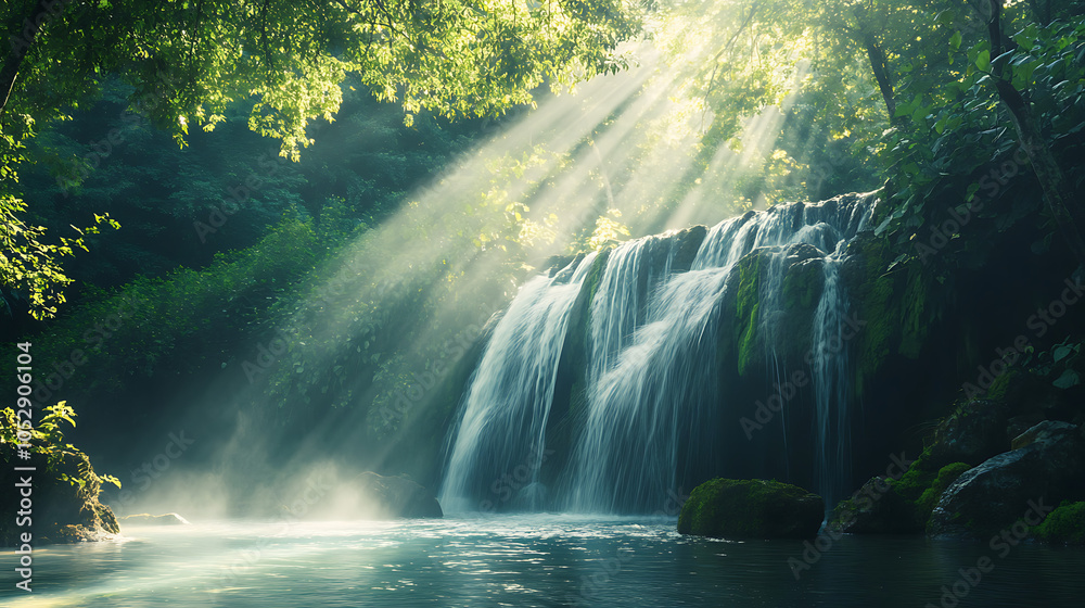 A scenic view of a remote waterfall nestled in a dense forest, with sunlight filtering through the trees and reflecting off the water A scenic view of a remote waterfall nestled in a dense forest, with sunlight filtering through the trees and reflecting off the water