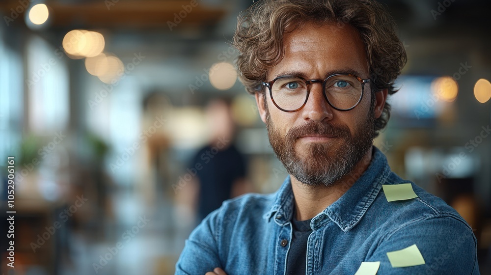 A Man with Wavy Hair, Glasses, and a Beard Wearing a Denim Shirt with Post-it Notes A Man with Wavy Hair, Glasses, and a Beard Wearing a Denim Shirt with Post-it Notes