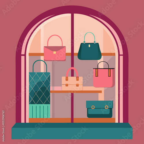 A colorful illustration of a storefront window display featuring a variety of fashionable handbags and purses, perfect for adding a touch of style to your designs.