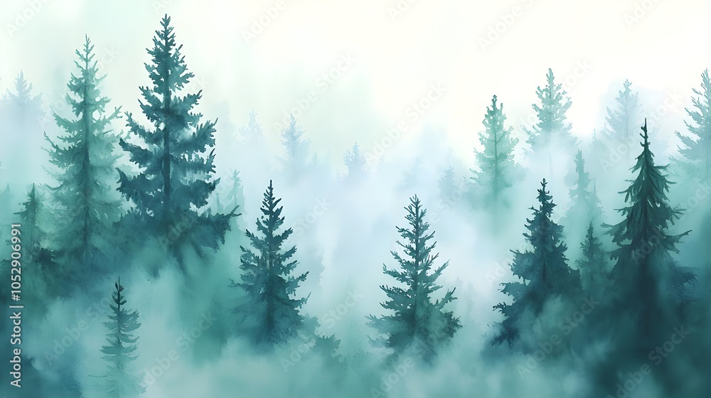 Fototapeta premium Misty Forest Watercolor Landscape